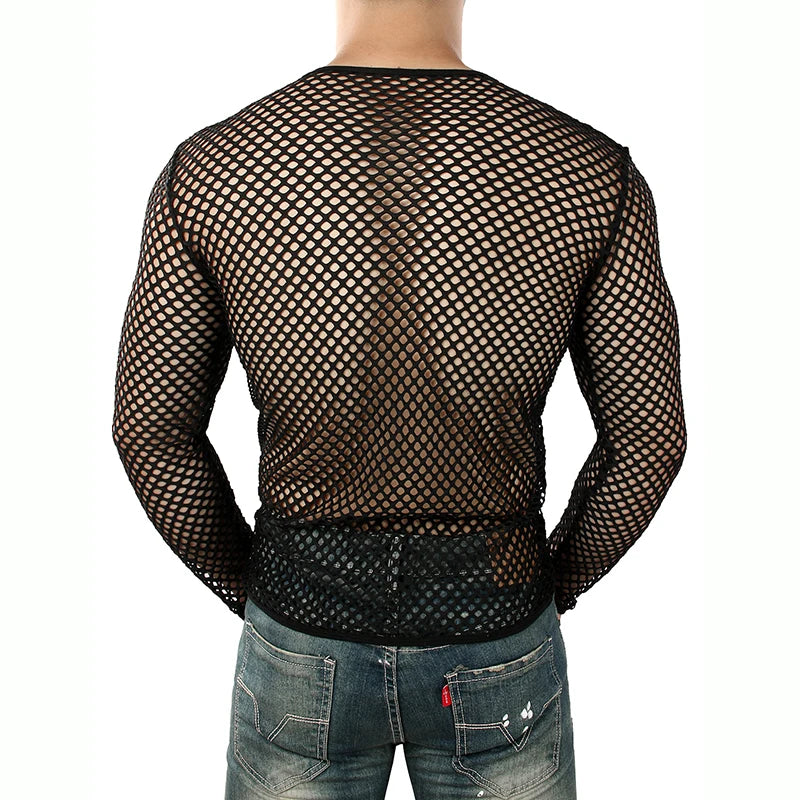 Mens Transparent Sexy Mesh T Shirt 2022 New See Through  Fishnet Long Sleeve Muscle Undershirts Nightclub Party Perform Top Tees