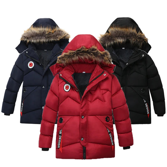 Autumn Winter Boys Jacket Keep Warm Cotton Thicken Kids Jacket Fur Collar Solid Color Zipper Boys Outerwear Children's Clothing