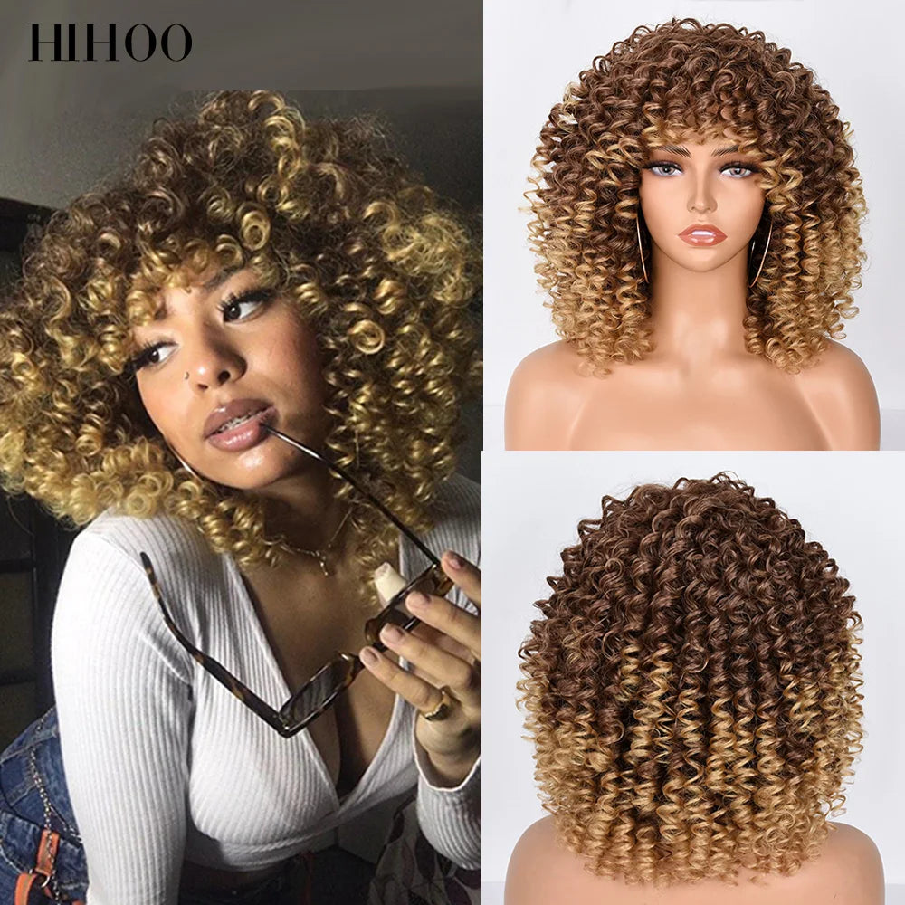 HihooHair Women's Wigs Curly Wig Short Hair Blonde Cosplay Lolita Natural Synthetic Wig Female Afro Kinky Curly Brown Wig Black