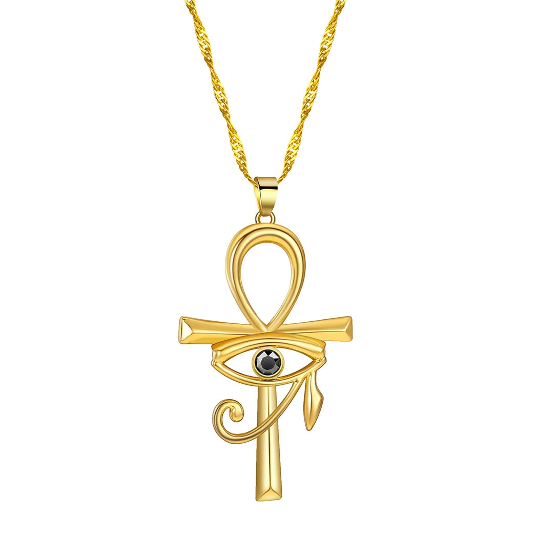 QIMING The Eye Of Horus Ankh Women Men Necklace Evil Eye Cross Gold Silver Ancient Egyptian Amulet Crucifix Necklaces Collar