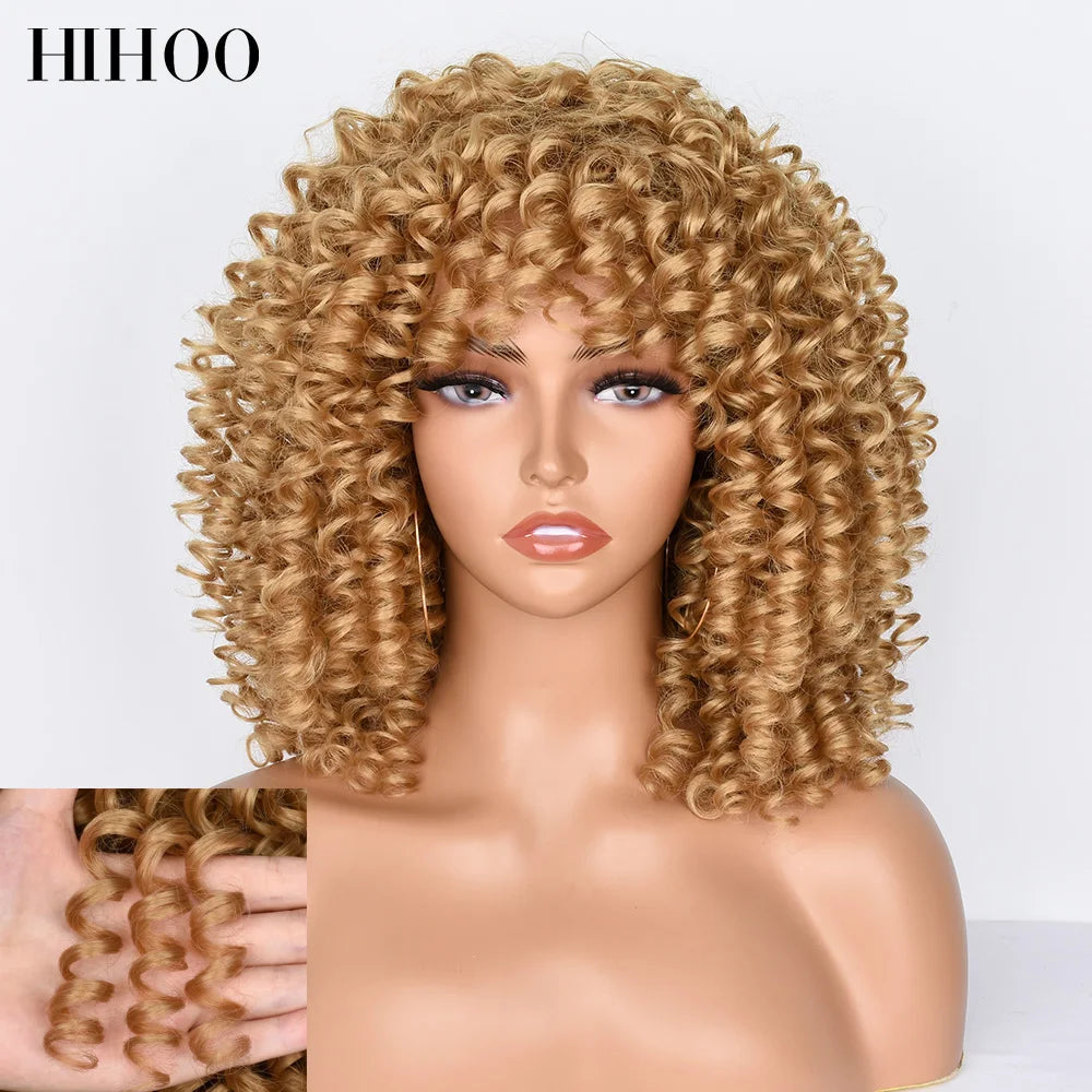 HihooHair Women's Wigs Curly Wig Short Hair Blonde Cosplay Lolita Natural Synthetic Wig Female Afro Kinky Curly Brown Wig Black