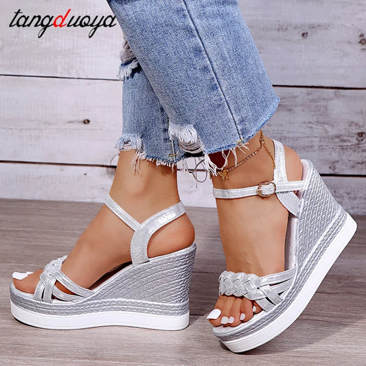 Women Summer Wedge Heel Sandals Platform Sandals Strap Open Toe Chunky Bottom Casual Shoes 2025 gold silver pink sandals 10cm