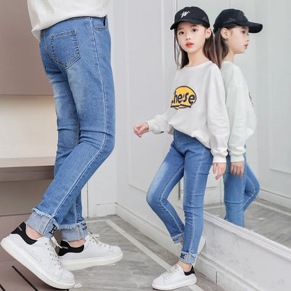 Spring Fashion Kids Jeans Girls Holes Jeans Toddler Baby High Quality Letter Print Elastic Waist Jeans Teen Tight Pencil Pants