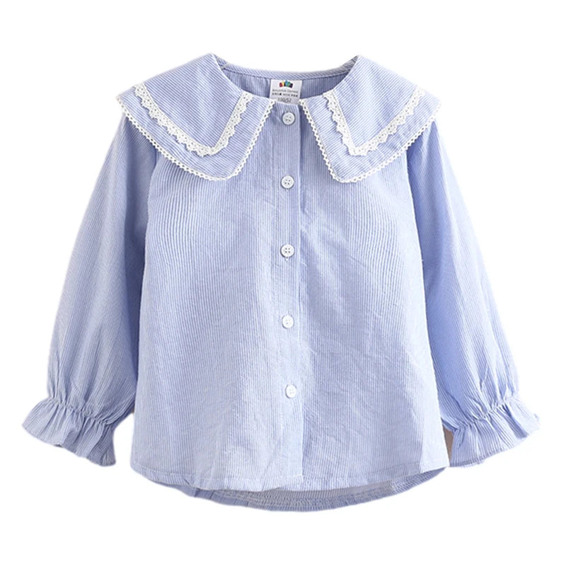 2024 New Spring Autumn 2 3 4 6 8 10 Years Children Clothing Turn-Down Neck Cotton Tops Kids Baby Girls Long Sleeve Blouse Shirt