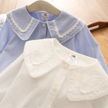 2024 New Spring Autumn 2 3 4 6 8 10 Years Children Clothing Turn-Down Neck Cotton Tops Kids Baby Girls Long Sleeve Blouse Shirt