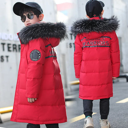 NEW Children warm Thicken clothing Boy clothes Winter Down Jackets 5-16 years Hooded Parka faux fur Coat Kids Teen Snow snowsuit