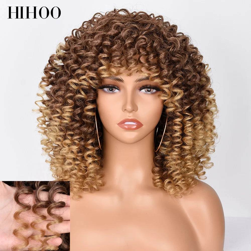 HihooHair Women's Wigs Curly Wig Short Hair Blonde Cosplay Lolita Natural Synthetic Wig Female Afro Kinky Curly Brown Wig Black