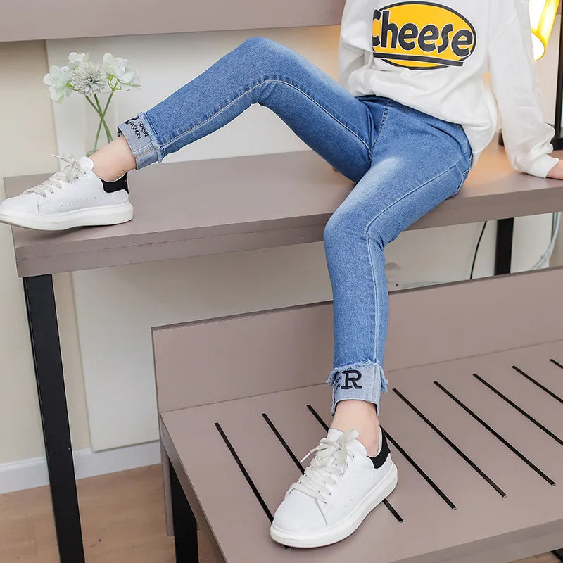 Spring Fashion Kids Jeans Girls Holes Jeans Toddler Baby High Quality Letter Print Elastic Waist Jeans Teen Tight Pencil Pants