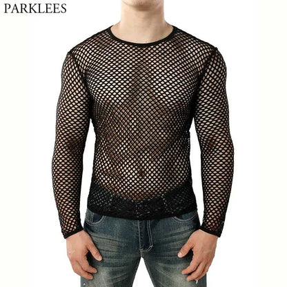 Mens Transparent Sexy Mesh T Shirt 2022 New See Through  Fishnet Long Sleeve Muscle Undershirts Nightclub Party Perform Top Tees