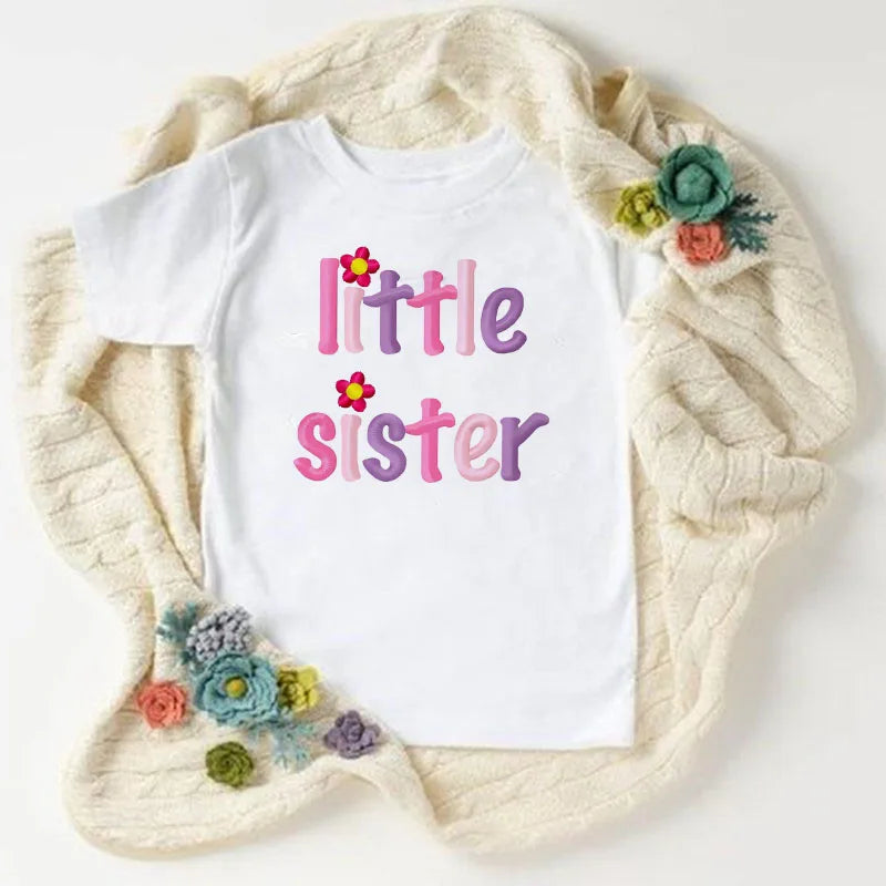 Big Sister Little Sister Twins Sister Tshirt Children Short Sleeves Tops Matching Outfit T-shirt White Tee Kids Top Girl Clothes