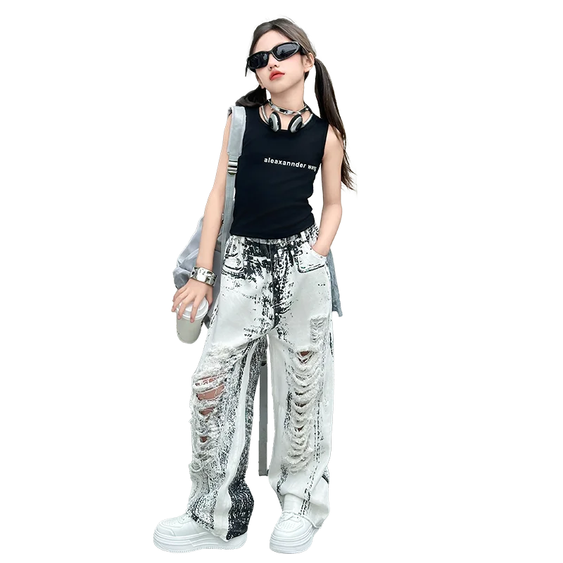 teenager girls hole tie dyed jeans large fille youngsters big ripped Wide leg pants junior kids trousers cotton Sleeveless tops