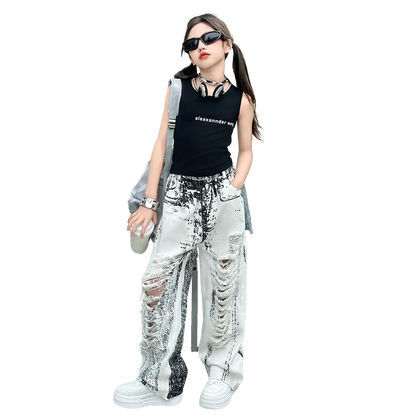 teenager girls hole tie dyed jeans large fille youngsters big ripped Wide leg pants junior kids trousers cotton Sleeveless tops