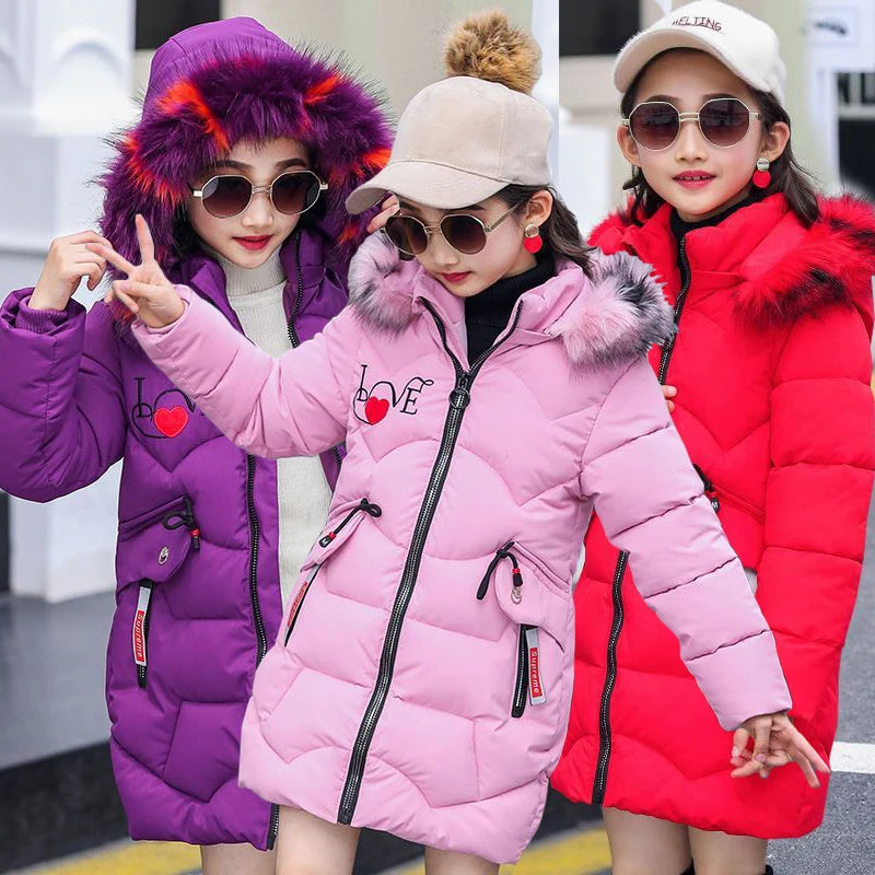 3-12 Years Old Thick Keep Warm Winter Girls Jacket Fur Collar Heart Pattern Padded Detachable hat Hooded Heavy Coat For Children