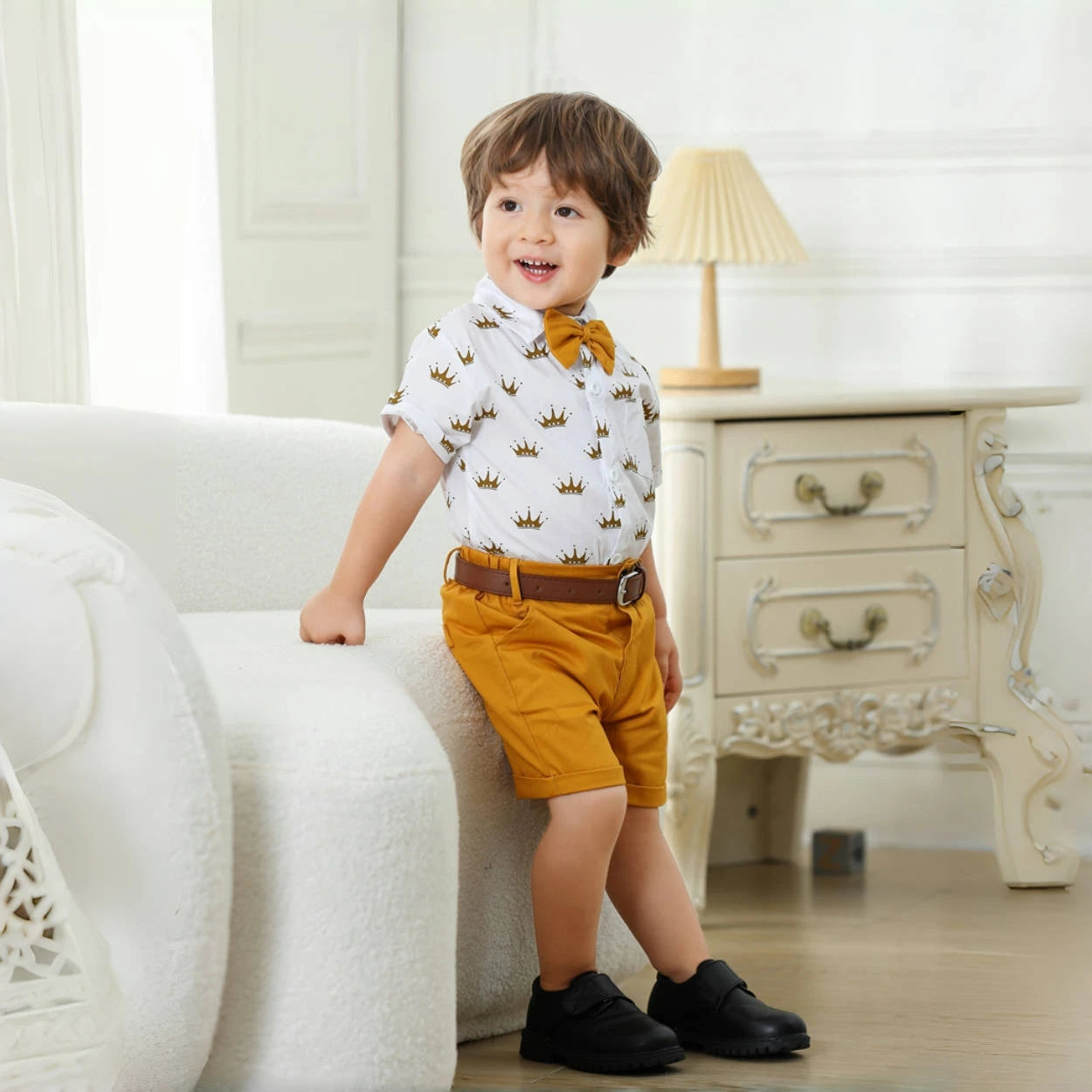 Birthday Suit For 1 2 3 4 5 6 Years Boys Kids Summer Cotton Clothes Crown Printed T-shirt Yellow Shorts 4 PCS Casual Outfit