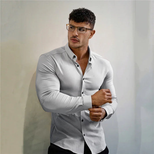 Men's Long Sleeve Super Slim Fit Plain Casual Shirt Spring Autumn Winter High Quality Turn Down Collar Business Dress Shirt Men