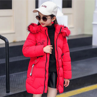 3-12 Years Old Thick Keep Warm Winter Girls Jacket Fur Collar Heart Pattern Padded Detachable hat Hooded Heavy Coat For Children