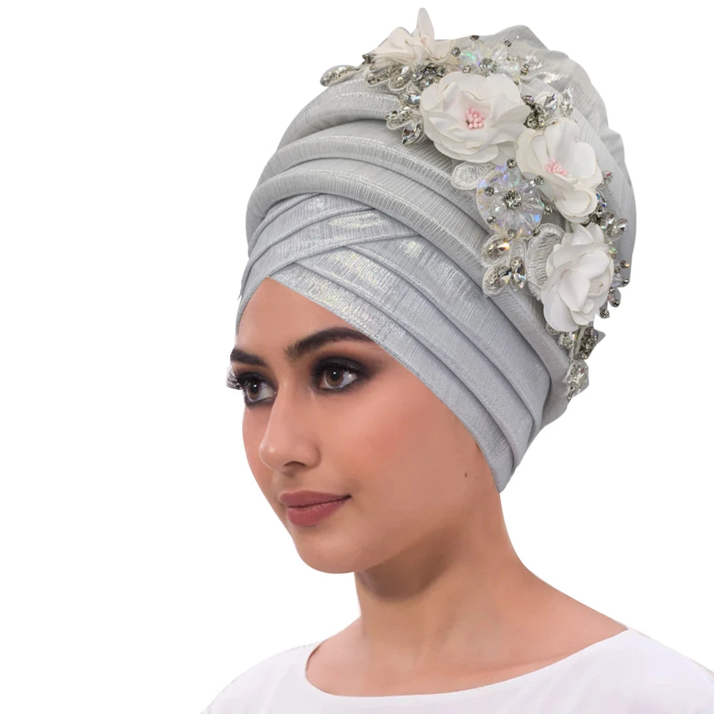 2024 New African Women's Turban Cap Nigeria Auto Gele Headtie Already Made Wedding Geles Female Head Wraps with Diamond Flower