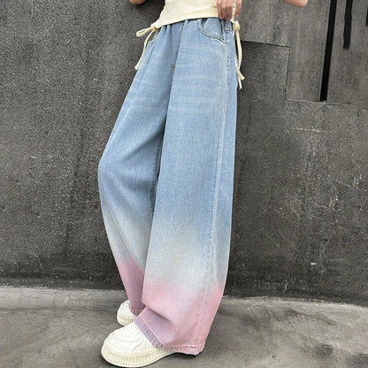 2024 Big Teens Girl Tencel Wide-Leg Jeans Kids Girls Gradient Color Pants Children Outwear Long Trousers Girl Clothing 4-12Years