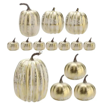 Simulated Golden Pumpkin Set Halloween Centerpiece Props 14pcs Assorted Faux Harvest Pumpkins for Home Garden Patio Yard Hotel