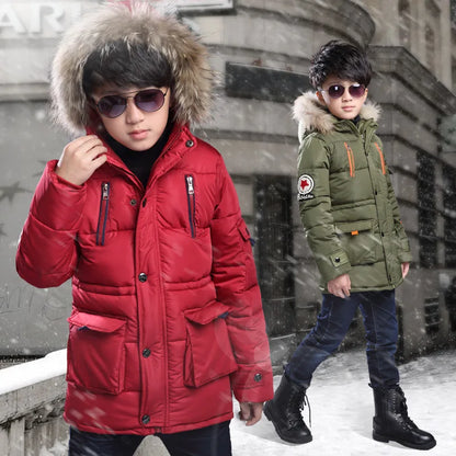 5-14 Years Big Boys Jacket Winter Thicken Warm Teenager Kids Jacket Fashion Long Style Zipper Hooded Children Outerwear Clothing