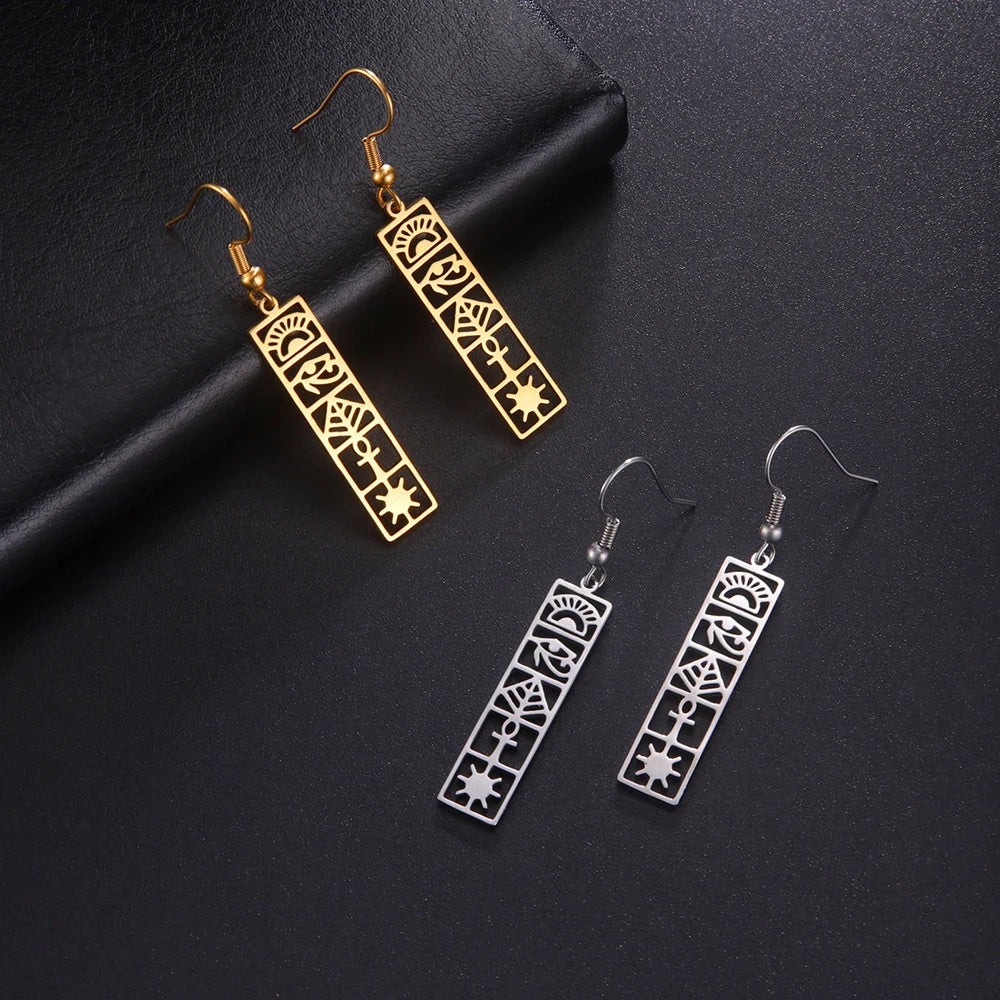 Dawapara Ancient Egyptian Cartouche Hieroglyph Symbols Earrings Eye of Horus Ankh Cross Spiritual Jewelry Stainless Steel Amulet