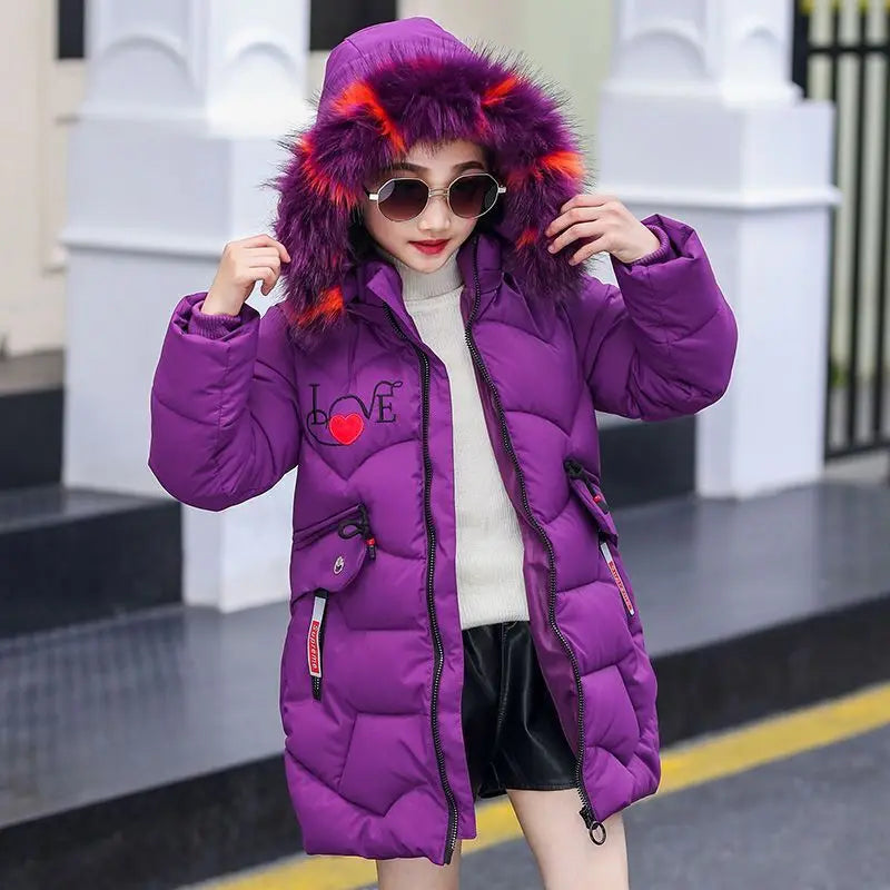 3-12 Years Old Thick Keep Warm Winter Girls Jacket Fur Collar Heart Pattern Padded Detachable hat Hooded Heavy Coat For Children