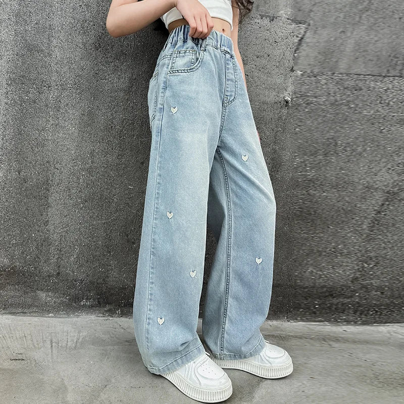 2024 Big Teens Girl Wide-Leg Jeans Kids Girls Heart Embroidery Denim Pants Children Outwear Long Trousers Girl Clothing 4-12Year