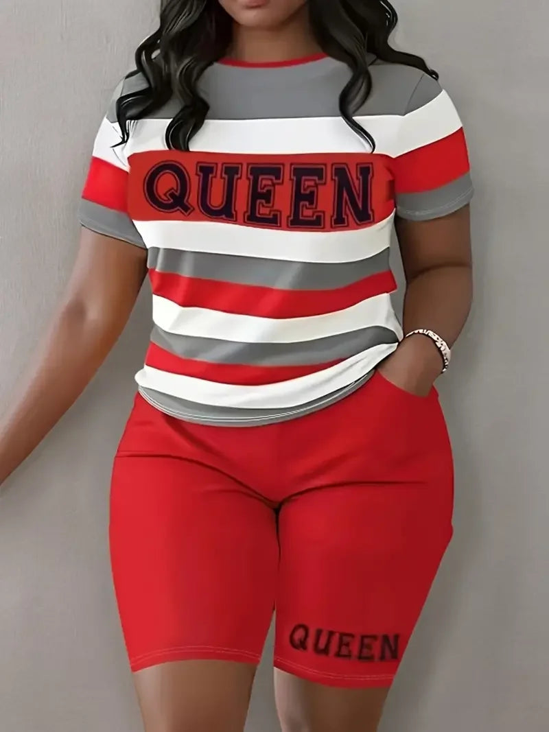 Plus Size Summer Outfits Biker Shorts Set Crew Neck Short Sleeve Positioning Printing Queen Plus Size 2 Piece Set Women