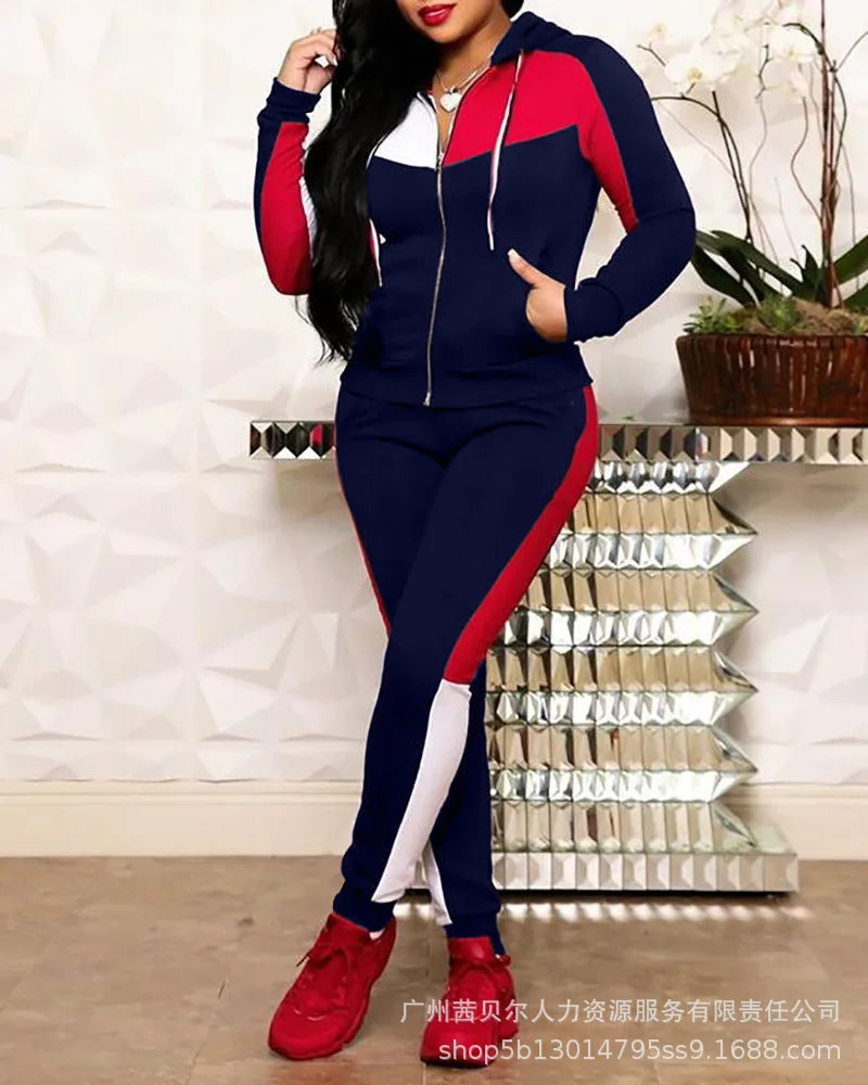 Women Two Piece Pant Sets Hooded Zipper Spliced Sweatshirts Full Sleeved Thick Pencil Pants Jogger Suits Ladies Winter