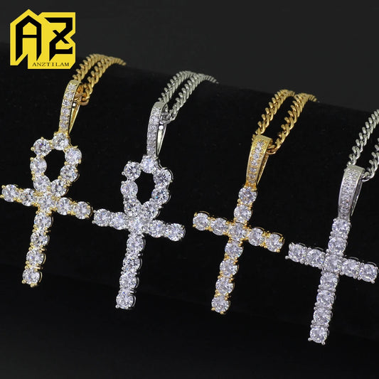 Bling Ankh Cross Necklace For Men Women Hip Hop Alloy Punk Cross Jewelry Full Rhinestone