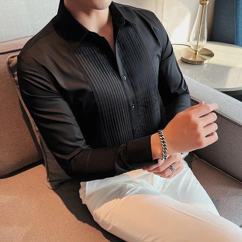 High Quality Black/White Long Sleeve Shirt Men's Pleated Fold Tuxedo Shirt Formal Business Slim Fit Groom Wedding Dress Blouses