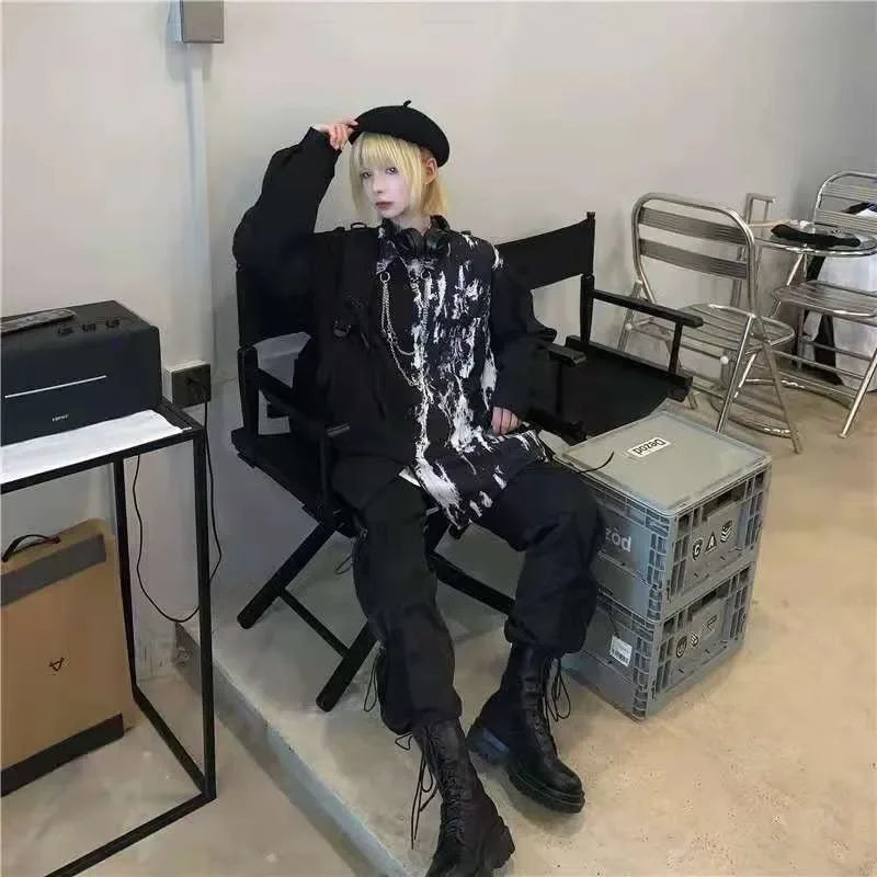 Fashionable Men's Sets Korean Style Loose Tie-Dyed Shirt +Black Cargo Pants with Chain Hip-Hop Plus Size Man Clothes Outfits