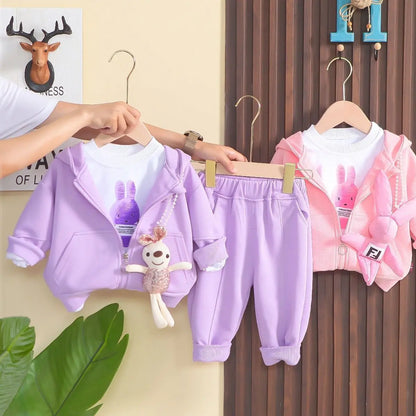 Girls Baby Clothing Set New Cartoon Children's Cute Casual Coat T-shirt Pants 3 Piece Set Spring and Autumn Kids Outfits