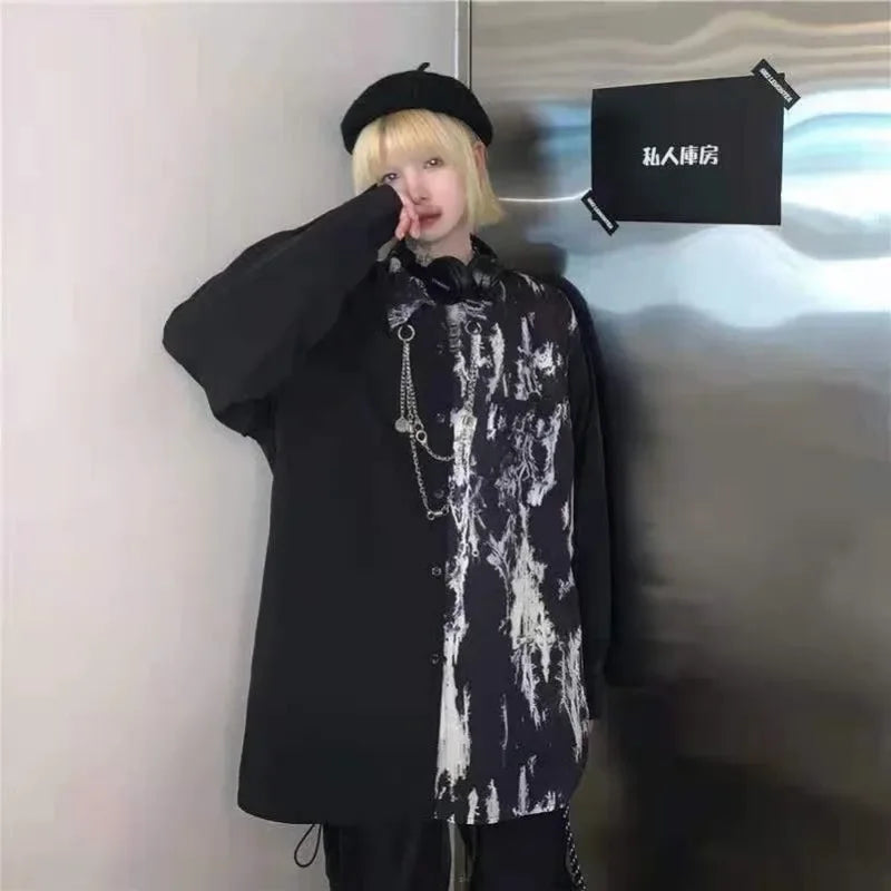 Fashionable Men's Sets Korean Style Loose Tie-Dyed Shirt +Black Cargo Pants with Chain Hip-Hop Plus Size Man Clothes Outfits