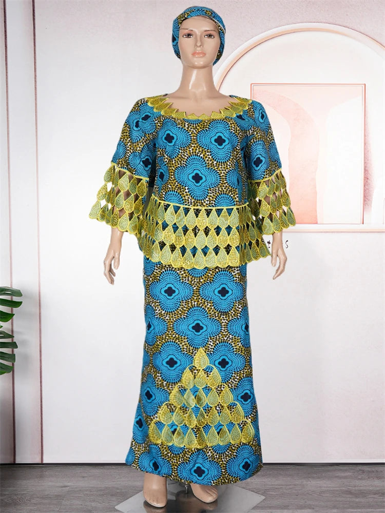 3XL 4XL Women Plus Size Clothing African Dashiki Print Wax Dress Wedding Party Traditional Gown Tops Skirt Two Piece Set Outfits