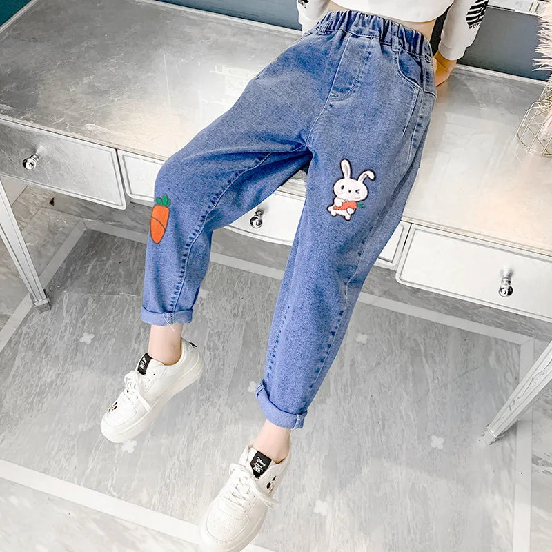 Spring Fashion Kids Jeans Girls Holes Jeans Toddler Baby High Quality Letter Print Elastic Waist Jeans Teen Tight Pencil Pants