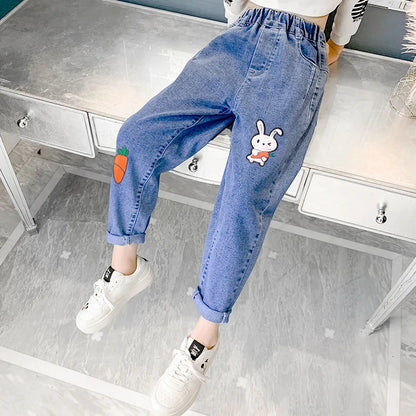 Spring Fashion Kids Jeans Girls Holes Jeans Toddler Baby High Quality Letter Print Elastic Waist Jeans Teen Tight Pencil Pants