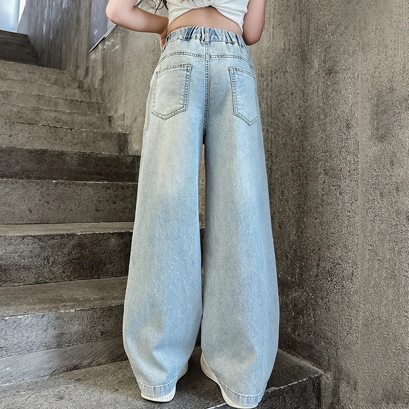 2024 Big Teens Girl Wide-Leg Jeans Kids Girls Heart Embroidery Denim Pants Children Outwear Long Trousers Girl Clothing 4-12Year