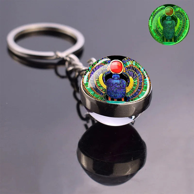 Ancient Egypt Culture Luminous Keychain Glow In The Dark Glass Ball Keyring Ankh Sphinx Anubis Scarab Goddess Egyptian Jewelry