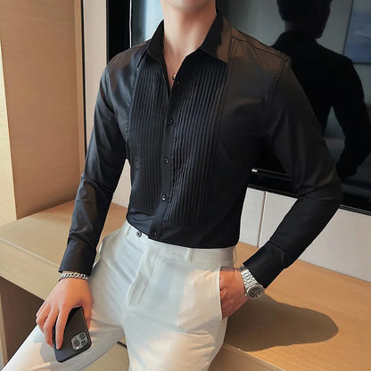 High Quality Black/White Long Sleeve Shirt Men's Pleated Fold Tuxedo Shirt Formal Business Slim Fit Groom Wedding Dress Blouses