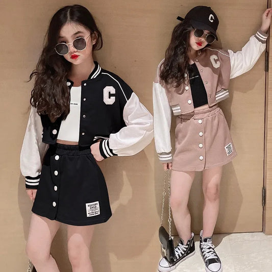 Baseball Coats+Slim Skirt 2Pcs Clothing Sets Spring Autumn Teen Girls Fashion Sports Outfits Kids Letter Print Tracksuit 3-14 Y