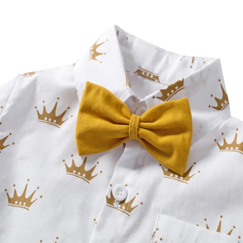 Birthday Suit For 1 2 3 4 5 6 Years Boys Kids Summer Cotton Clothes Crown Printed T-shirt Yellow Shorts 4 PCS Casual Outfit