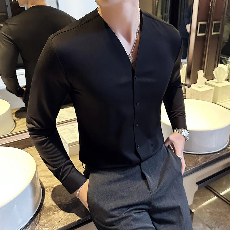 2023 New Seamless Men's Shirt Long Sleeve V-neck Casual Shirts Fashion Slim Fit Business Formal Dress Shirts Social Banquet Tops