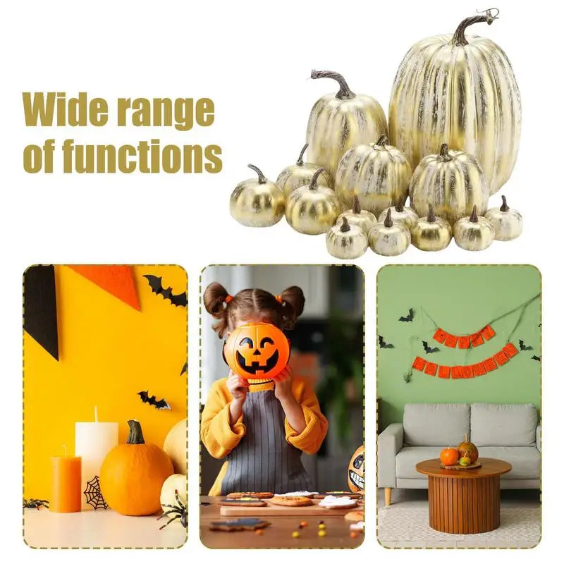 Simulated Golden Pumpkin Set Halloween Centerpiece Props 14pcs Assorted Faux Harvest Pumpkins for Home Garden Patio Yard Hotel