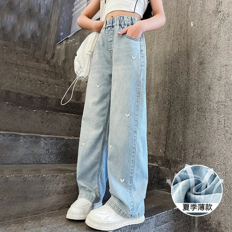 2024 Big Teens Girl Wide-Leg Jeans Kids Girls Heart Embroidery Denim Pants Children Outwear Long Trousers Girl Clothing 4-12Year