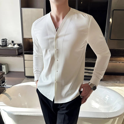 2023 New Seamless Men's Shirt Long Sleeve V-neck Casual Shirts Fashion Slim Fit Business Formal Dress Shirts Social Banquet Tops