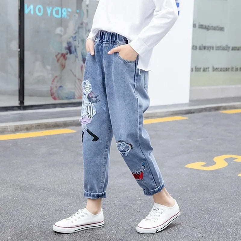 Spring Fashion Kids Jeans Girls Holes Jeans Toddler Baby High Quality Letter Print Elastic Waist Jeans Teen Tight Pencil Pants