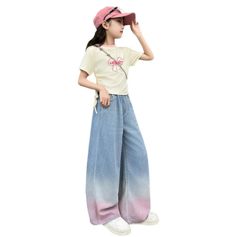 2024 Big Teens Girl Tencel Wide-Leg Jeans Kids Girls Gradient Color Pants Children Outwear Long Trousers Girl Clothing 4-12Years