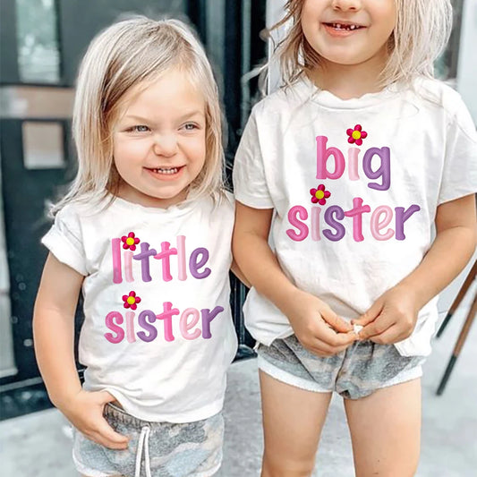 Big Sister Little Sister Twins Sister Tshirt Children Short Sleeves Tops Matching Outfit T-shirt White Tee Kids Top Girl Clothes