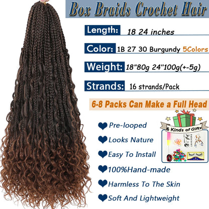 1-6 Packs Ombre Box Braids With Curly Ends Synthetic Crochet Hair 18 24 Inches T 30 27 Burgundy Goddess Box Braids Crochet Hair